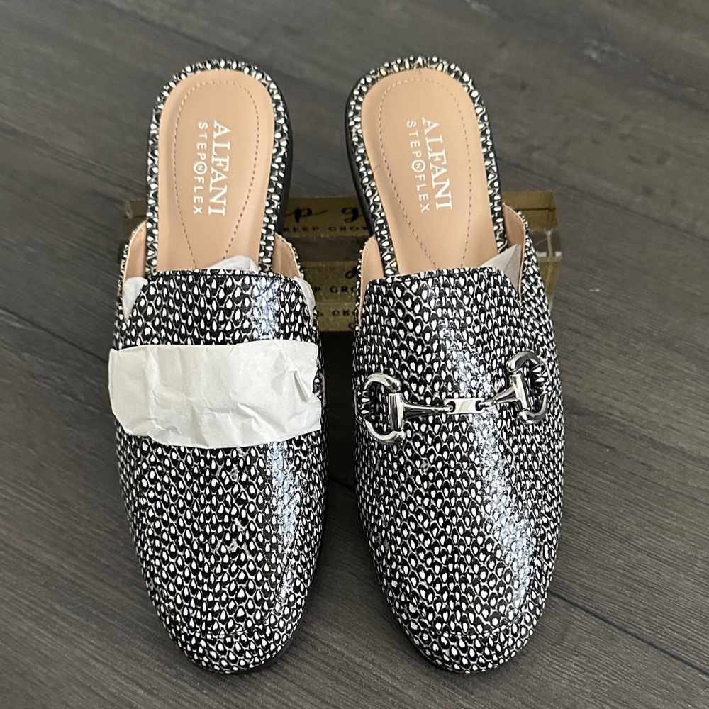 Alfani Black and White Patterned Mules